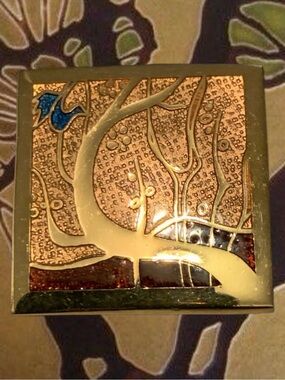 De Passille Sylvestre Square Brooch -Golden Tree Enamel Modernist Pin 1960s